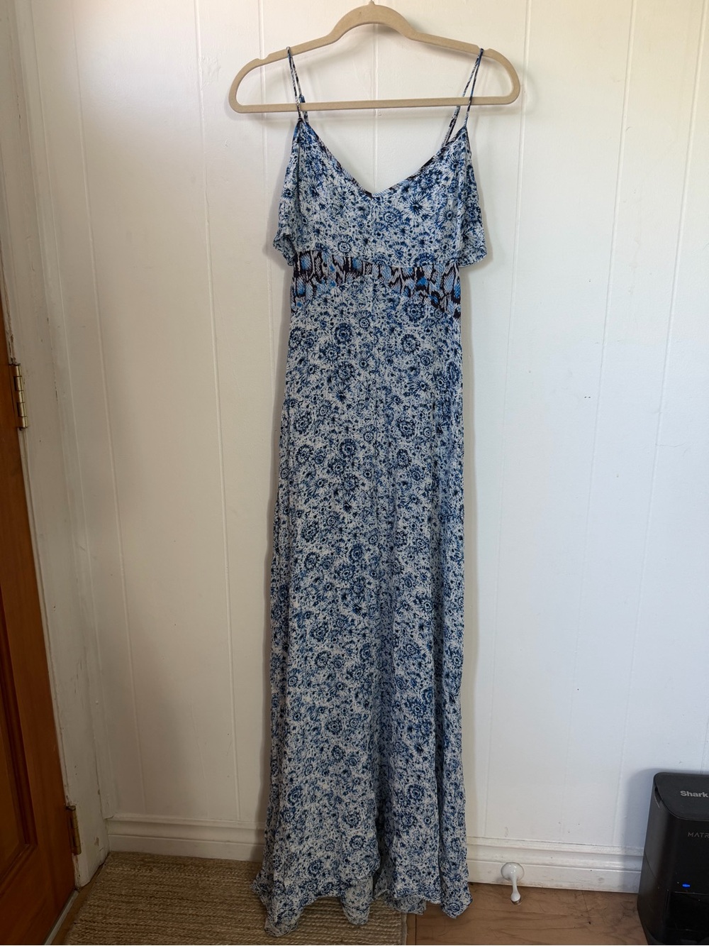 Ecote Blue & White Floral Ruffle Maxi Dress